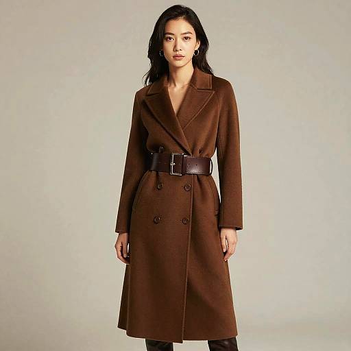 Photograph of an Asian woman with long black hair, wearing a brown double-breasted coat with a wide black belt, standing against a plain light gray