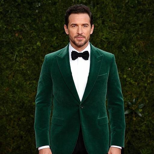 Photograph of a handsome man with short dark hair and beard, wearing a green velvet tuxedo, black bow tie, and white shirt, standing