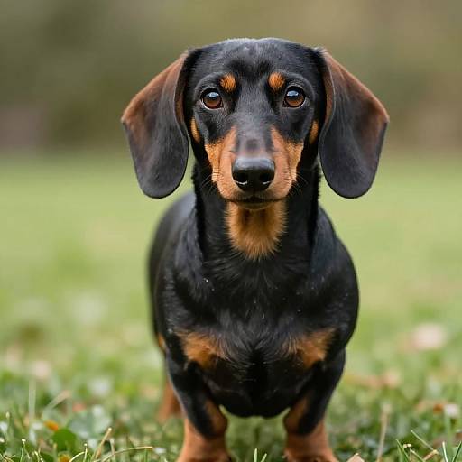 Photograph of a black and tan Dachshund puppy with large ears, standing on green grass, looking directly at the camera with soulful brown