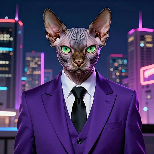 Digital artwork of a sleek, green-eyed, dark-furred cat-headed man in a purple suit and black tie, set against a neon-lit city