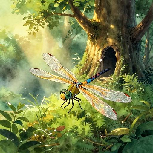 Digital illustration of a vibrant, iridescent dragonfly with translucent wings, hovering near a sunlit, lush forest with a large tree and dapp