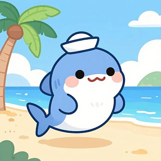 Cute digital drawing of a blue and white cartoon shark with a sailor hat, blushing cheeks, and a smiling mouth, floating on a sunny beach
