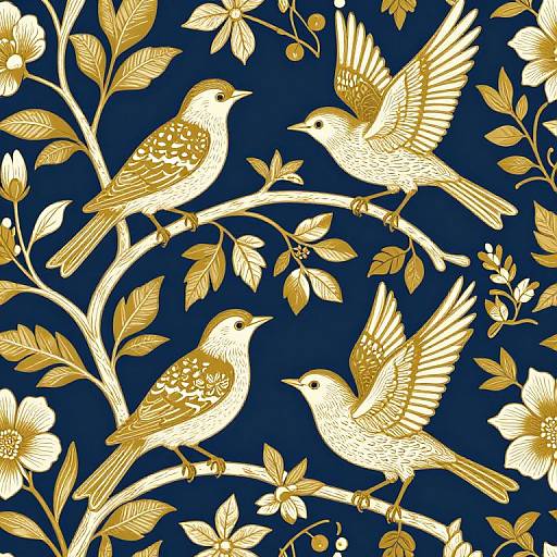 Detailed, gold and white bird illustration on a dark blue background, featuring three birds with intricate patterns, perched and flying among floral branches.