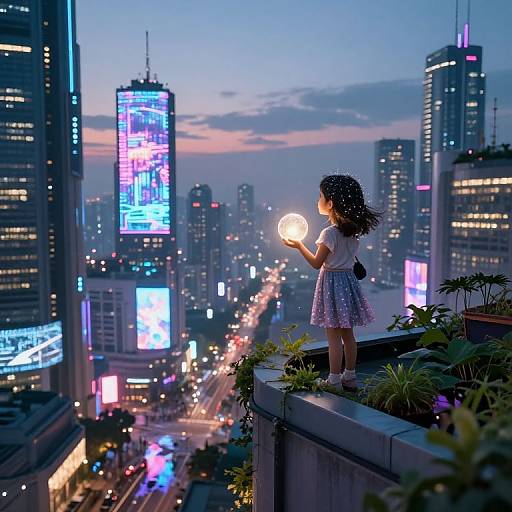 Digital illustration of a curly-haired girl in a white top and blue skirt, holding a glowing orb, overlooking a neon-lit, futuristic cityscape from