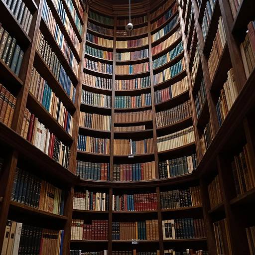 Photograph of a grand, circular library with dark wooden shelves filled with multicolored books, overhead single light fixture, and warm, dim lighting.