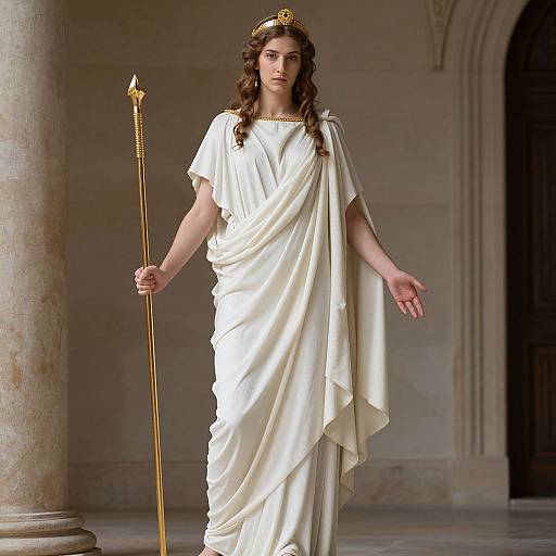 Photograph of a young woman with long brown hair, wearing a white toga, gold crown, and holding a gold spear, standing in a grand