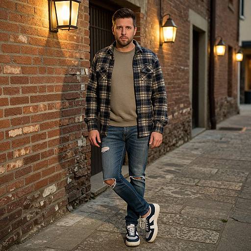 Photograph of a bearded man with short brown hair, wearing a plaid shirt, beige t-shirt, ripped jeans, and black sneakers, walking