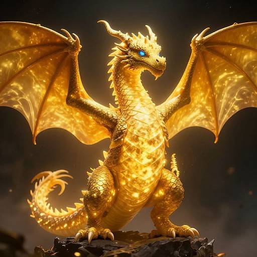 Glowing, golden dragon with fiery blue eyes, large wings, and shimmering scales stands majestically on a rocky surface in a dark,
