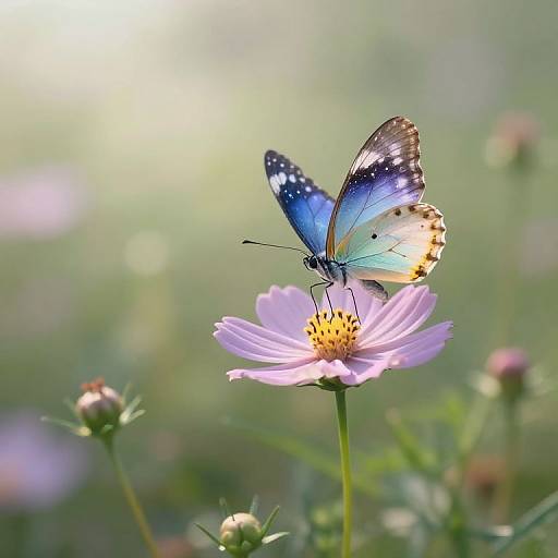 Photograph of a vibrant blue butterfly with black and white patterns, perched on a pink daisy in a sunlit, green, blurry meadow
