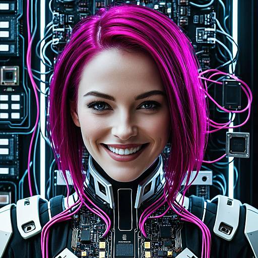 Smiling Female Android with Magenta Hair