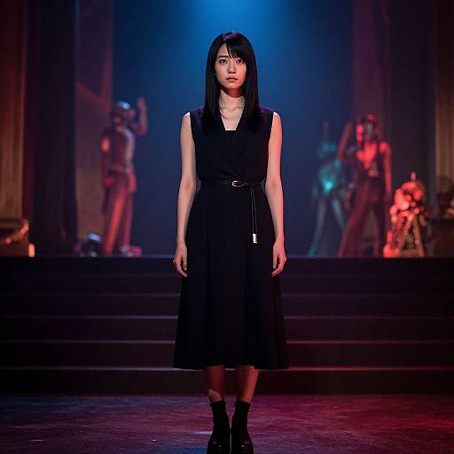 Photograph of an East Asian woman with straight black hair, wearing a sleeveless black dress and black ankle boots, standing on a stage with a blue