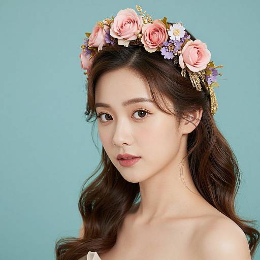 Photograph of an Asian woman with long, wavy brown hair, wearing a pink and white flower crown, against a bright blue background.