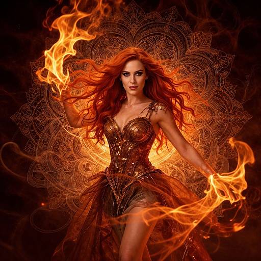 Photograph of a fiery red-haired woman in an ornate, gold corset, surrounded by flames, with intricate mandala patterns in the background.