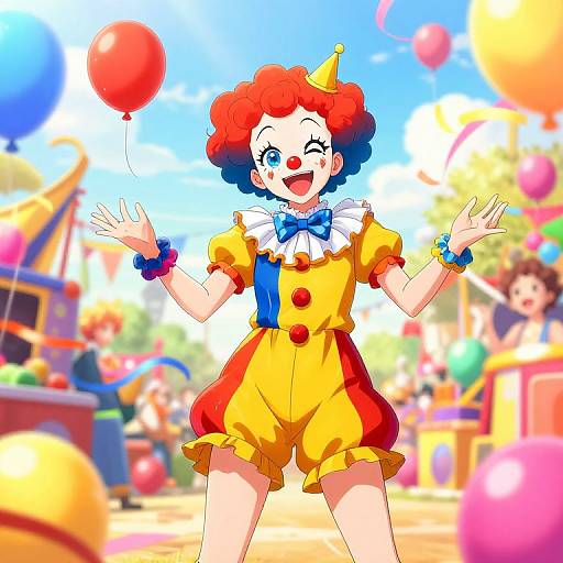 Colorful digital illustration of a cheerful clown with red and blue curly hair, yellow outfit, blue bowtie, winking, holding a red balloon at