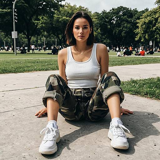 Young Woman in Streetwear Sitting Outdoors