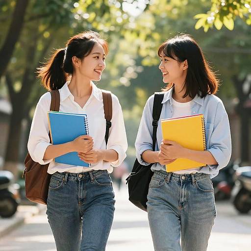 Sunlit Stroll: Friends with Colorful Folders