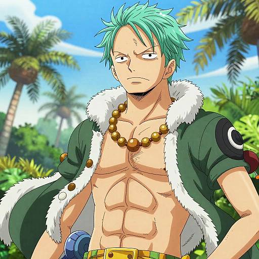 Anime-style digital drawing of a muscular man with turquoise hair, wearing a green coat with fur trim, bead necklace, and armband, standing in