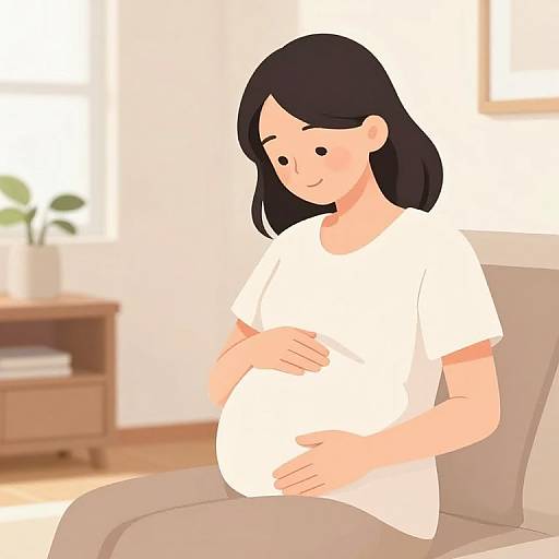 Digital illustration of a pregnant woman with black hair, wearing a white shirt, sitting on a beige couch, gently cradling her belly in a bright