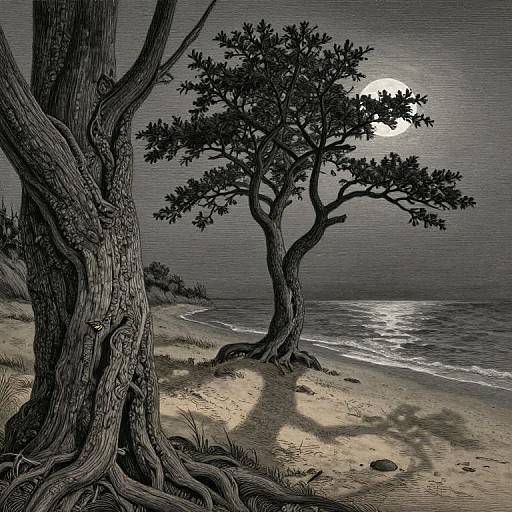 Ink-style drawing of two twisted trees on a moonlit beach, with shadows on the sand and ocean waves gently lapping.