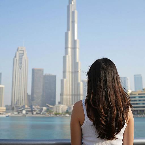 Photograph of a woman with long black hair, wearing a white tank top, gazing at a futuristic city skyline with a prominent tall tower, clear