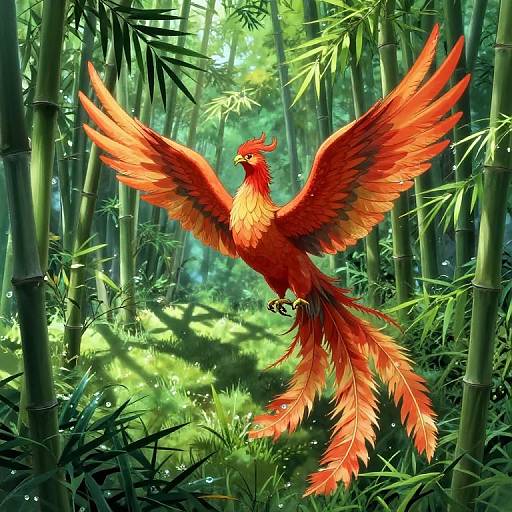 Digital art of a vibrant red phoenix with outstretched wings soaring through a lush, sunlit bamboo forest. Detailed feathers and bright sunlight enhance the magical