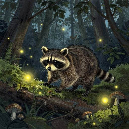 Digital illustration of a raccoon with glowing eyes in a mystical forest, surrounded by fireflies, mushrooms, and dense foliage.
