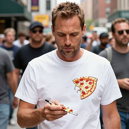 Photograph of a middle-aged man with short brown hair, beard, wearing a white T-shirt with a pizza graphic, eating a slice while walking in