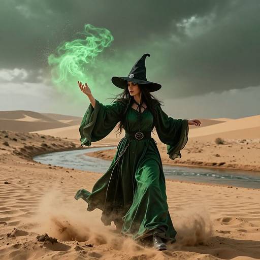 A mystical witch in a green dress and black hat conjures green fire in a desert with sand dunes and a winding river. Photorealistic digital