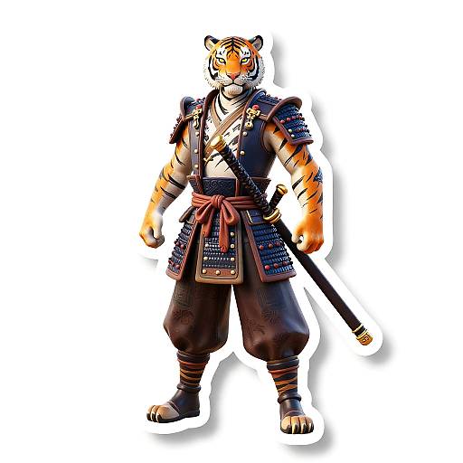 Digital illustration of an anthropomorphic tiger warrior in traditional samurai armor, with a sword sheathed at his side, standing confidently against a white background.