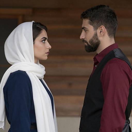 Intense Face-Off Between Woman and Man Indoors