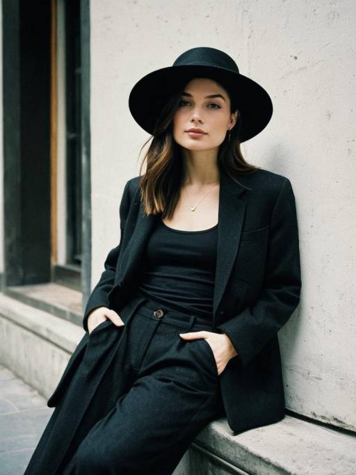 Stylish Woman in Black Outfit and Wide-Brimmed Hat