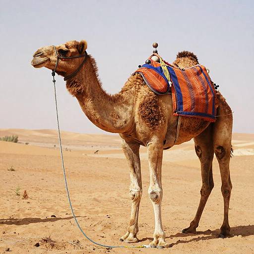Photograph of a tan camel with a red and blue checkered saddle blanket, standing in a sandy desert under a clear blue sky.