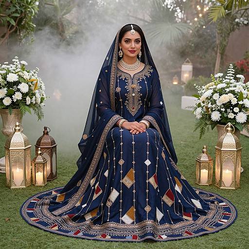 Photograph of a South Asian woman in an ornate navy blue lehenga with gold and white patterns, seated on green grass, surrounded by lanterns