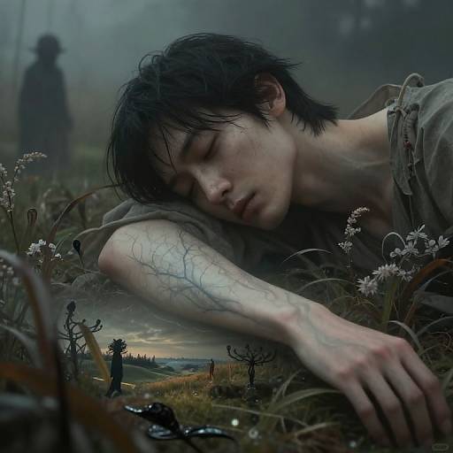 Digital art: Exhausted Asian man with black hair, pale skin, and visible veins, sleeps among wildflowers in a misty, post-apocalyptic