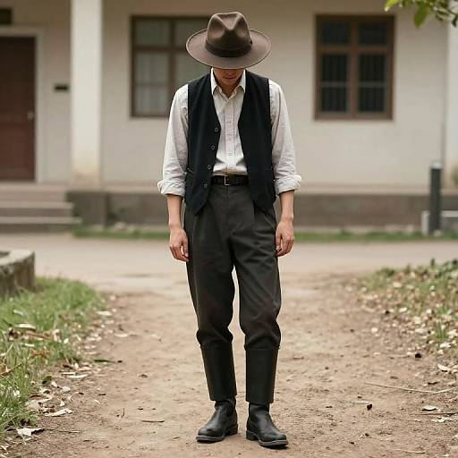 Photograph of a man in black vest, white shirt, black pants, and brown hat, standing on a dirt path in front of a white building