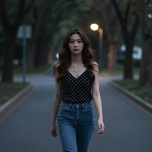 Photograph of a young woman with long brown hair, wearing a black polka dot top and high-waisted blue jeans, walking down a dim