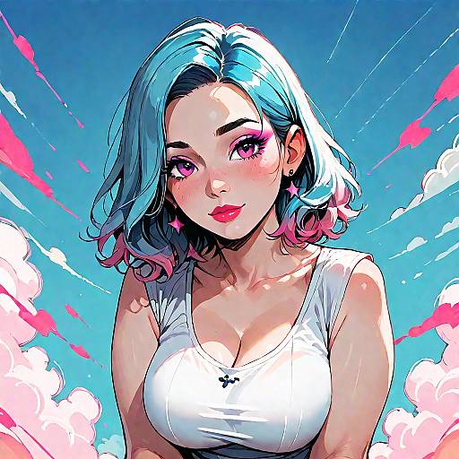 Digital anime-style illustration of a blonde woman with blue eyes, large breasts, and wearing a white off-shoulder top, lying on white bed sheets