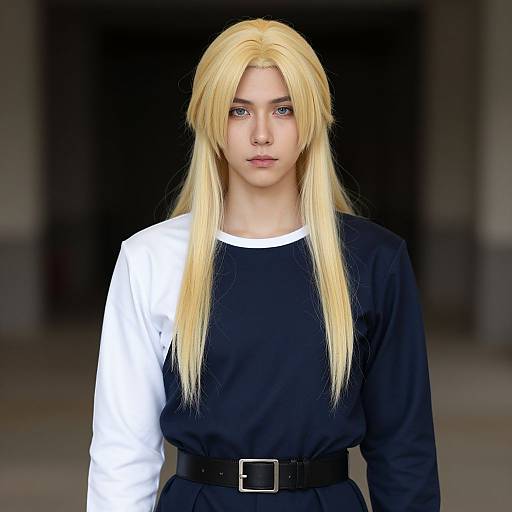 Digital portrait of a young woman with long blonde hair, wearing a black and white long-sleeve shirt, black belt, and serious expression, against