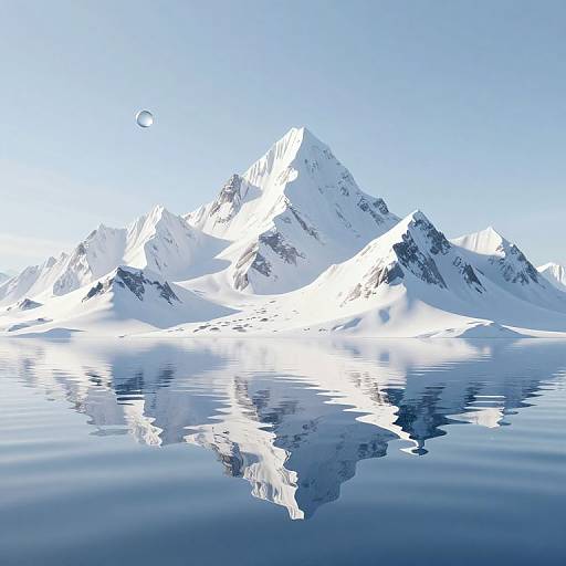 Photograph of a serene, icy mountain range reflected in a calm, blue mirror-like lake with a small moon visible in the clear sky.
