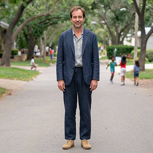 Photograph of a middle-aged man with brown hair and beard, wearing a navy blazer, patterned shirt, dark pants, and tan shoes,