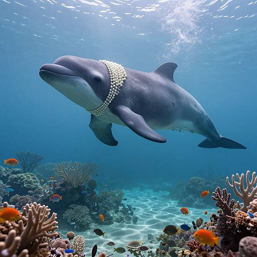 Photograph of a gray dolphin wearing a pearl necklace, swimming above a vibrant coral reef with orange fish and sunlight filtering through clear blue water.
