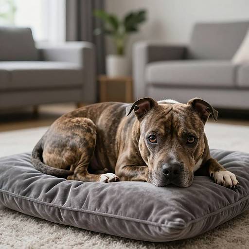 Photograph of a brindle-coated, brown and black dog with white paws, lying on a gray, plush bed in a modern living room