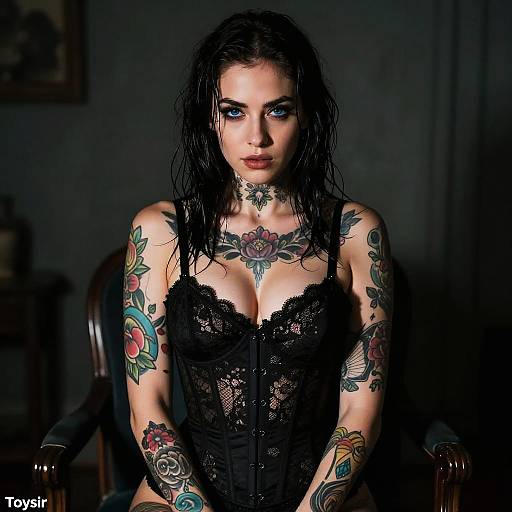 Photograph of a tattooed, blue-eyed woman with wet black hair, wearing a black lace corset, seated in a dimly lit room.