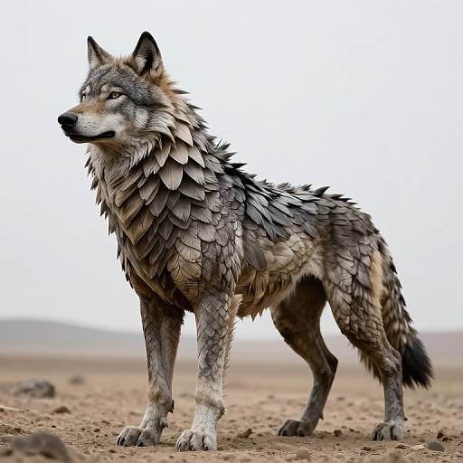 Photorealistic CGI of a wolf with feathered, scaled fur standing on a barren, rocky landscape, gazing into the distance.