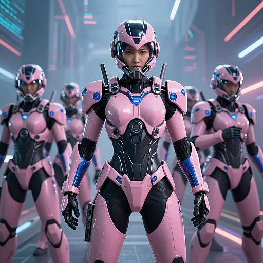 CGI image of four futuristic, pink and black armored female soldiers with glowing blue accents in a neon-lit, cyberpunk city.