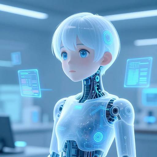 Digital CGI of a glowing blue-haired, anime-style, female android with large blue eyes, transparent skin, and circuitry patterns, in a futuristic laboratory