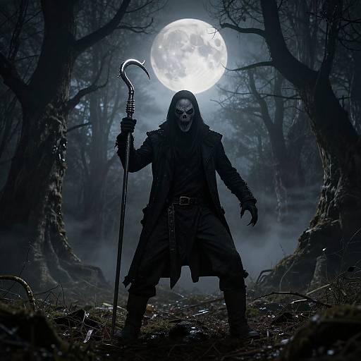 Dark, eerie forest at night, full moon glowing behind, grim reaper-like figure with hooded cloak, skeletal face, holding curved scythe,