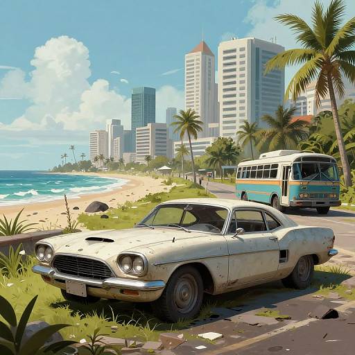 Digital artwork of a sunlit beach with a weathered white classic car, a turquoise and white bus, palm trees, and modern high-rise buildings in