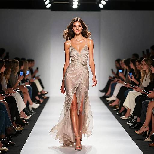 Elegant Model on Runway in Beige Evening Gown