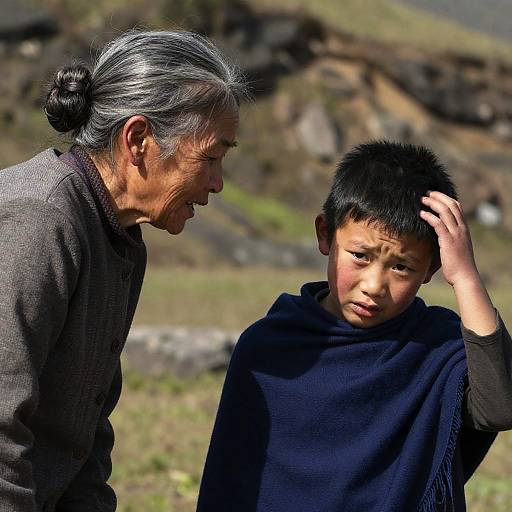 Elderly Woman Talking to Young Boy Outdoors